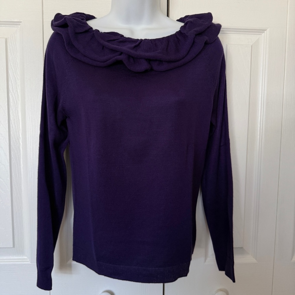 Purple Sweater Ruffled Neckline Detail Fine Guage Knit Classic Feminine Casual